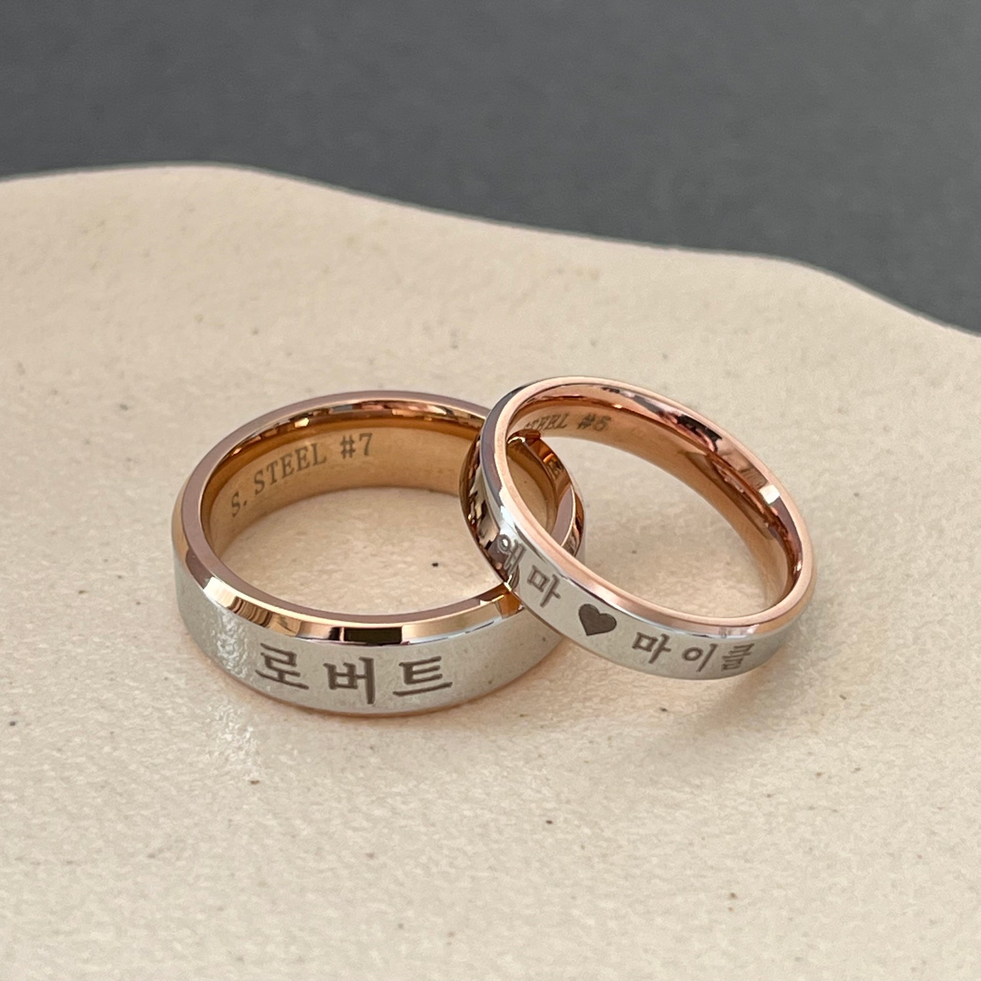 Personalized Korean Name Rose And Silver Two Tone Stainless Steel Band  Rings Custom Korean Couples Rings Korean Wedding Bands Thinner  Outside